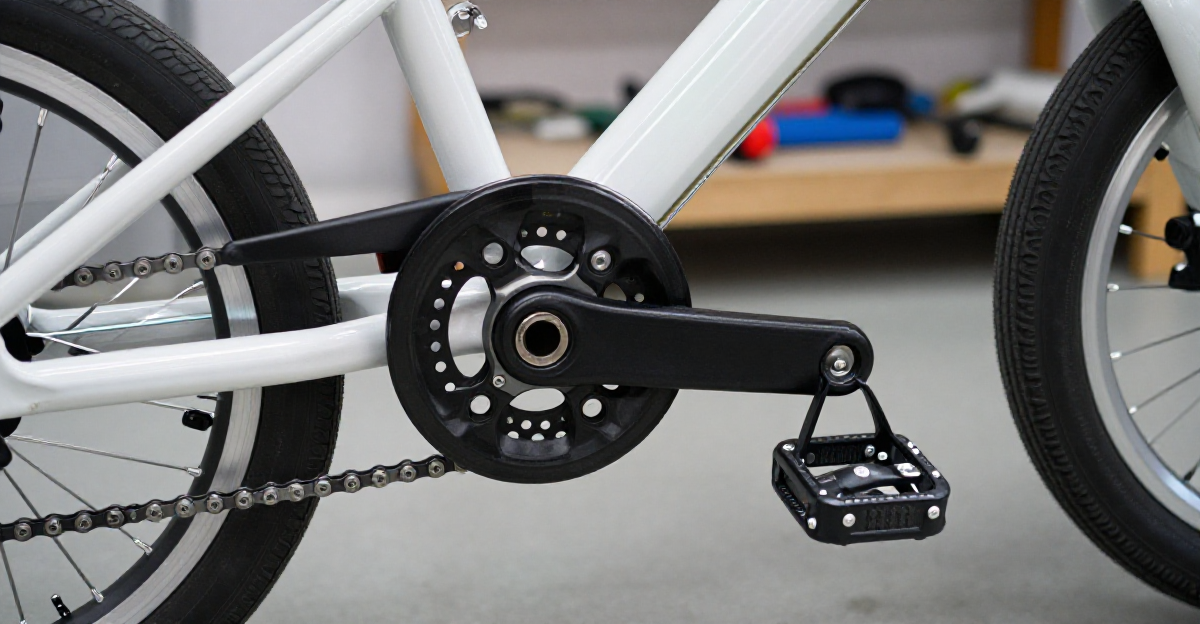 Close-up technical macro shot of a child-specific bicycle crankset and drivetrain on a 14-inch bike.