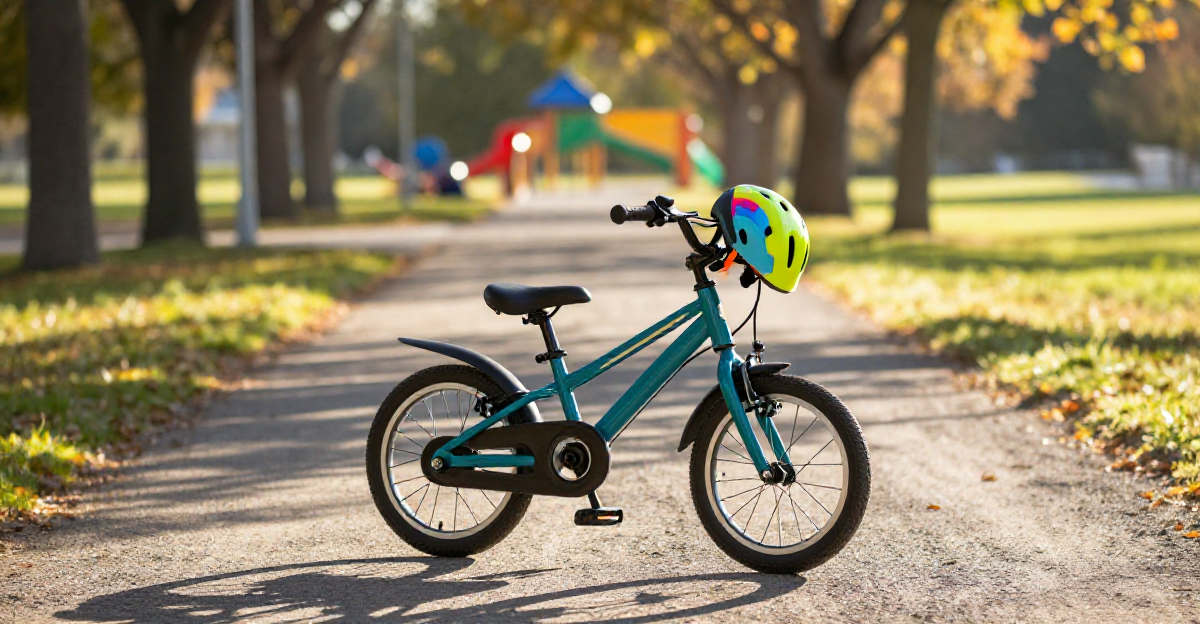 Atmospheric lifestyle photograph of a small teal-colored children's bicycle parked on a gravel park 