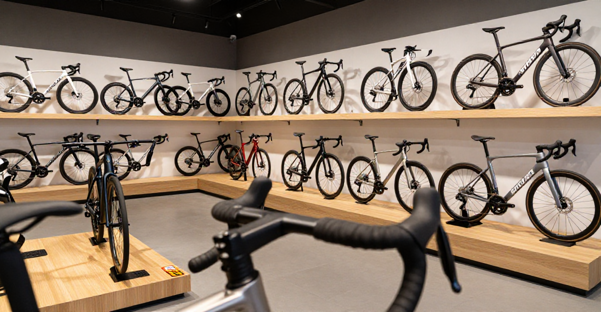 Wide angle interior photograph of a modern  high-end bicycle showroom with a minimalist design  feat