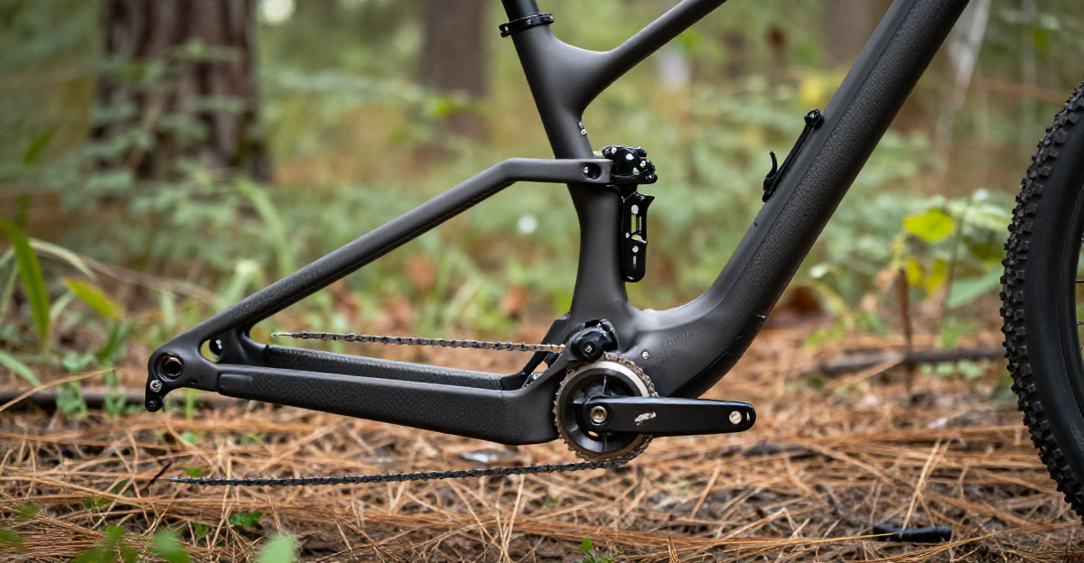 Detailed side-profile macro shot of a Superior carbon mountain bike frame in a matte finish  specifi