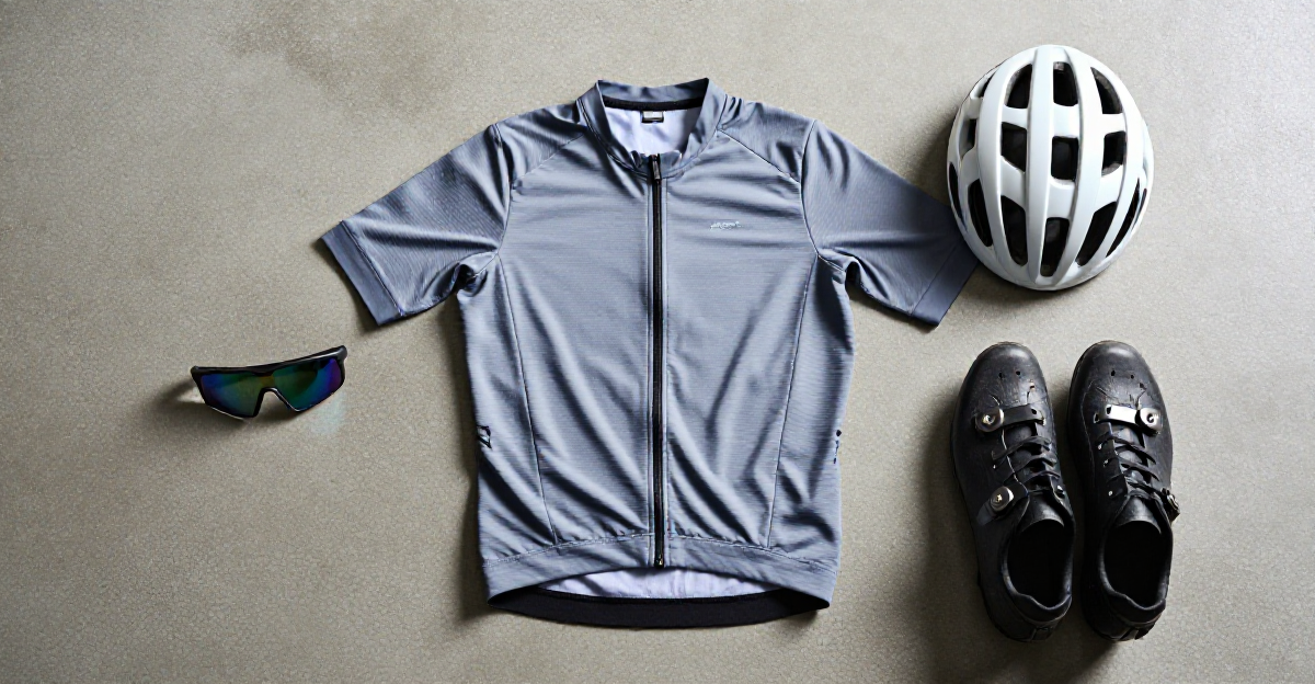 Artistic flat lay photography of essential cycling apparel and accessories arranged on a raw concret