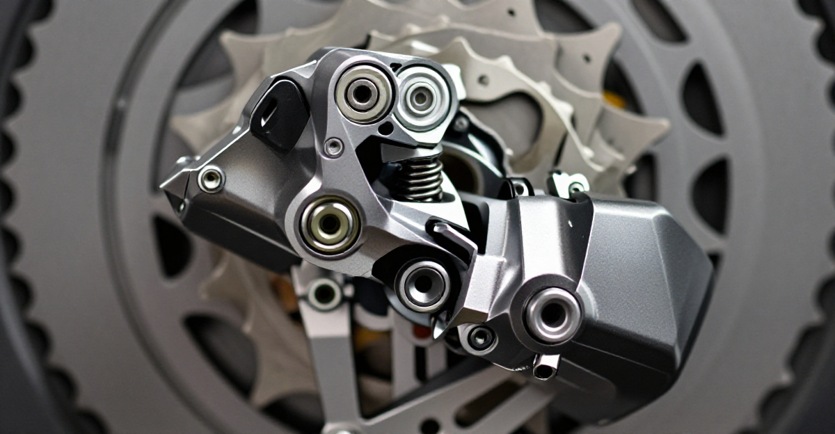Extreme close-up macro photograph of a high-end Shimano rear derailleur mechanism highlighting the i