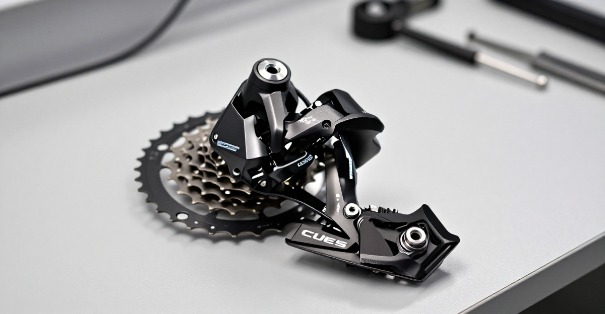 Technical studio shot of the new Shimano CUES drivetrain components displayed on a clean workbench s