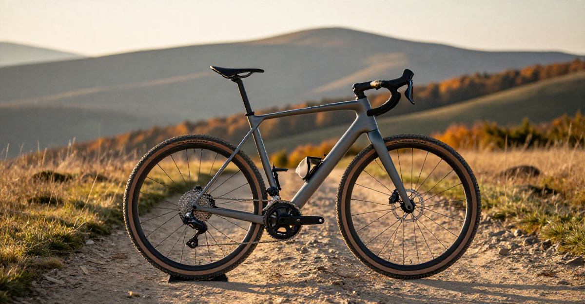 Wide angle landscape photograph of a modern gravel bike equipped with Shimano GRX components standin