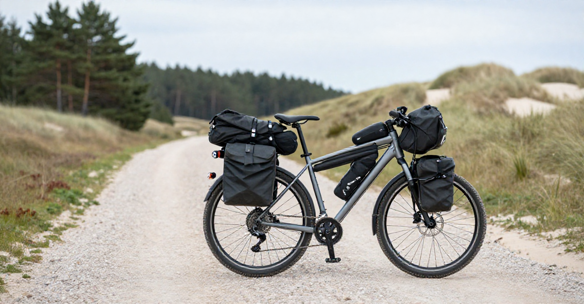 Photorealistic wide shot of a fully equipped trekking bike parked on a scenic gravel path along the 