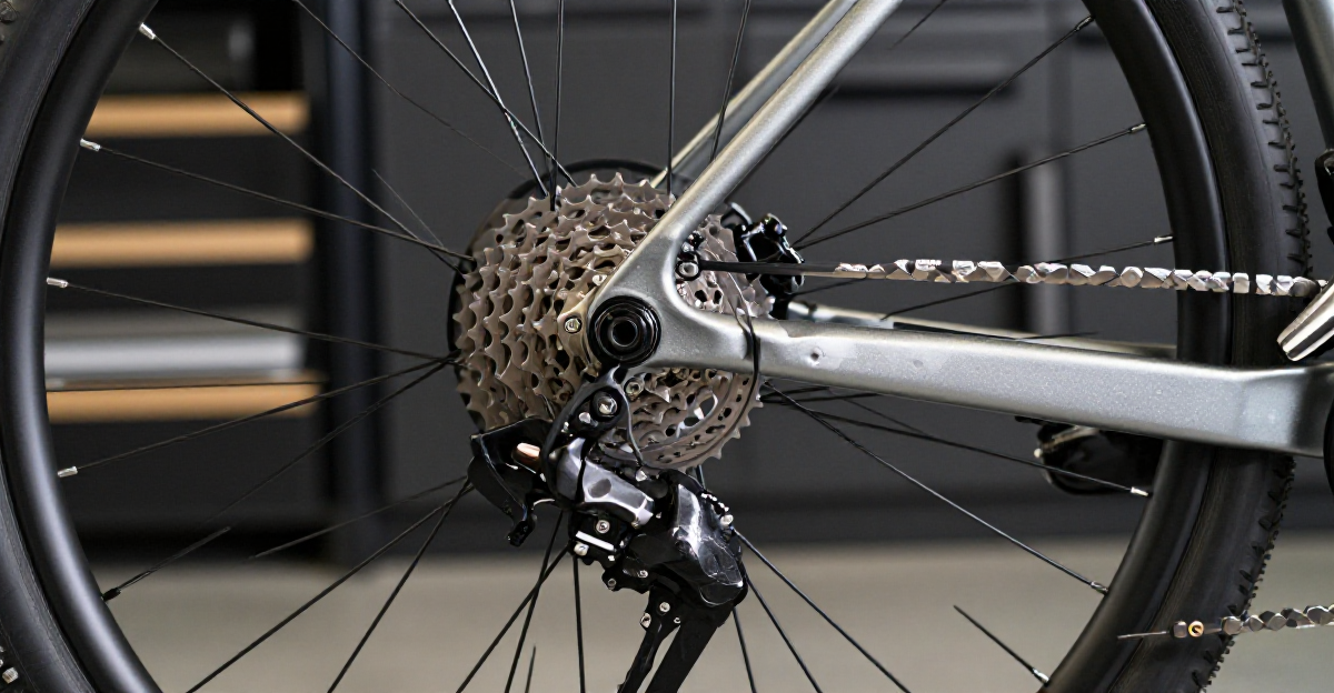 Close-up technical macro photography of a modern trekking bike's rear wheel hub area. The image high