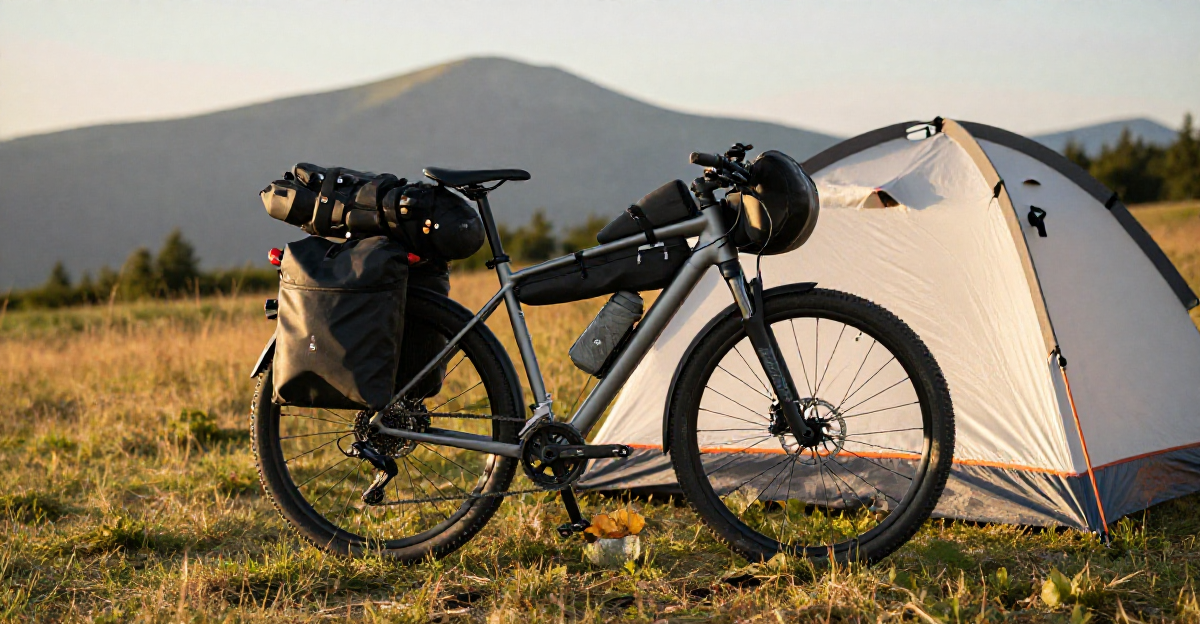 A generic trekking bike setup for camping  positioned next to a pitched lightweight tent in a meadow